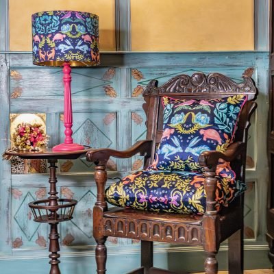 Belle Design Hare and Tortoise teal lampshade with stand and Cushion